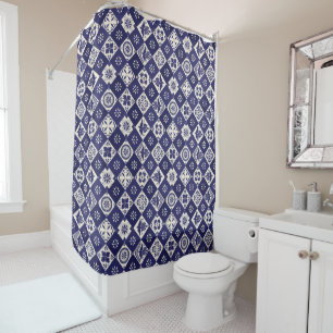 Dark Indigo Beige Mexican Talavera Tiles Shower Curtain