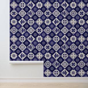 Dark Indigo Beige Mexican Talavera Tiles Wallpaper