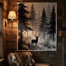 Dark Ink Deer Forest Tapestry | Moody Woodland Art