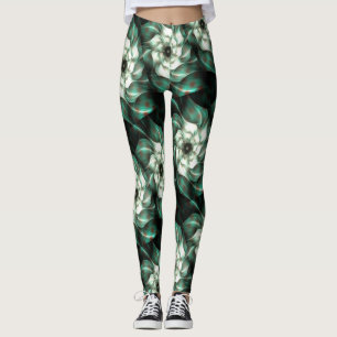 Dark Jade Green and White Fractal Flower Abstract  Leggings