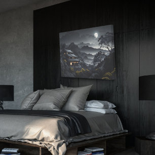 Dark Japanese Night Landscape Moonlight Temple Canvas Print