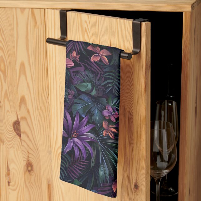 Dark Jungle Flowers Tea Towel (Thirds Fold)