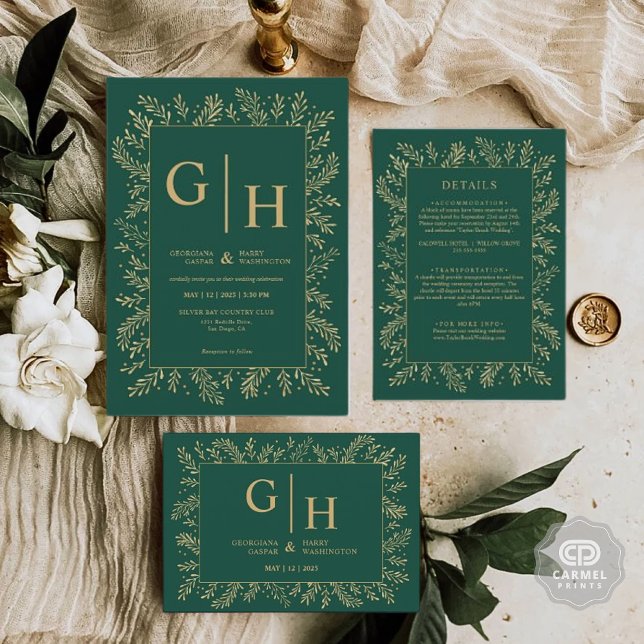 Dark Jungle Green Gold Leaf Border Floral Wedding  Invitation (Dark Jungle Green Gold Leaf Border Floral Wedding Invitation)