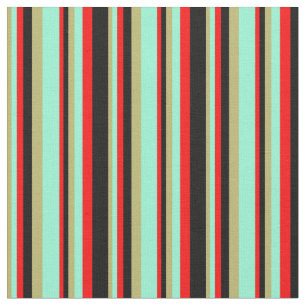 Dark Khaki, Aquamarine, Red & Black Coloured Lines Fabric