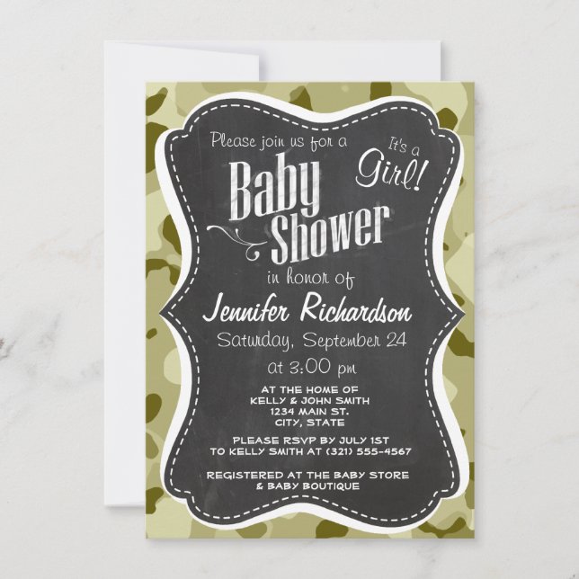 Dark Khaki Camo; Retro Chalkboard look Invitation (Front)
