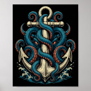 Dark kraken anchor nautical tattoo poster