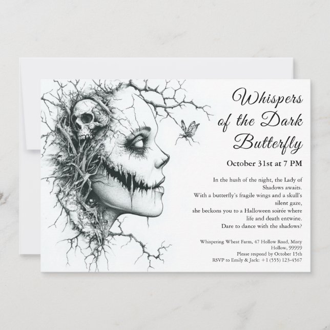 Dark Lady Halloween Invitation – Butterfly & Skull (Front)