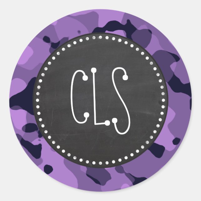 Dark Lavender Camo; Vintage Chalkboard Classic Round Sticker (Front)