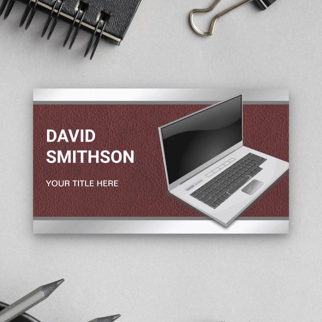 Dark Leather Laptop PC Computer Repair Technician Business Card (Creator Uploaded)