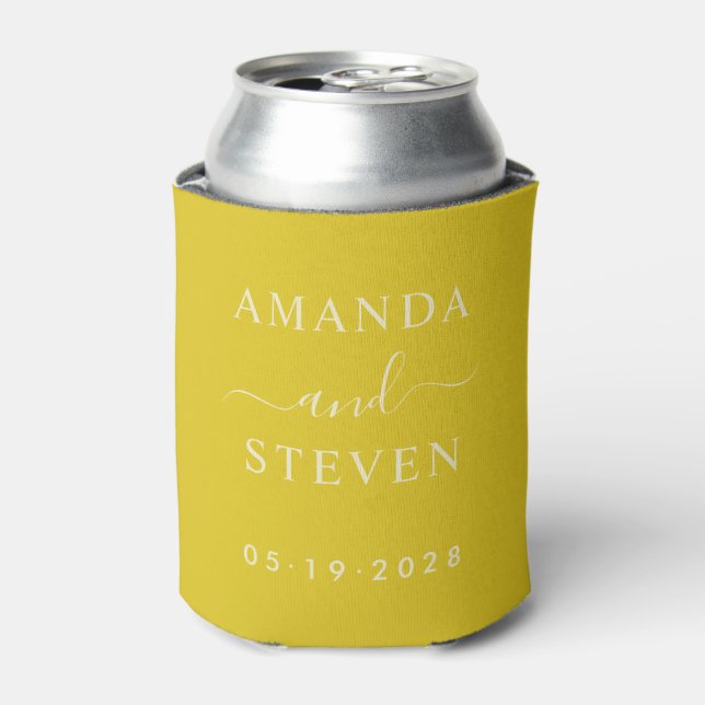Dark Lemon Couple Names with Wedding Date Can Cooler (Can Front)