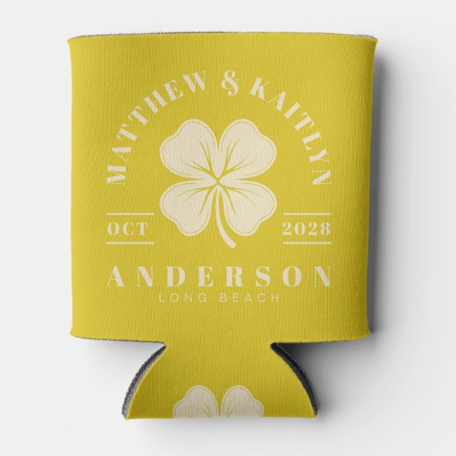Dark Lemon Irish Lucky Clover Wedding Crest Can Cooler (Front)