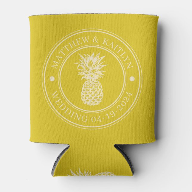 Dark Lemon Pineapple Wedding Crest & Names Can Cooler (Front)