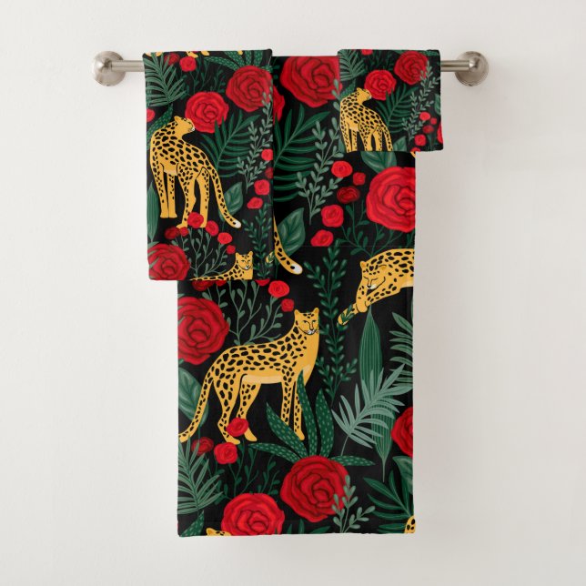 Dark Leopard Jungle with Roses  Bath Towel Set (Insitu)