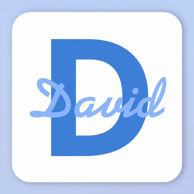 Dark & Light Blue White Editable Name Monogram Square Sticker (Creator Uploaded)