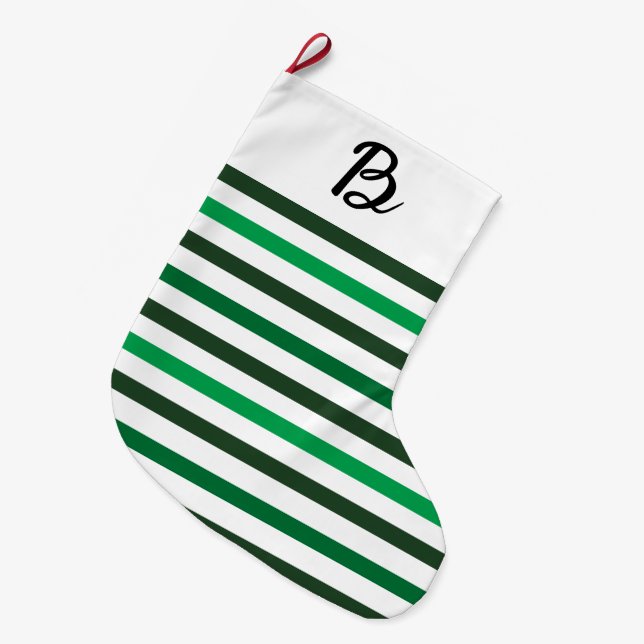 Dark Light Green Stripes Monogram Christmas Large Christmas Stocking (Front (Hanging))