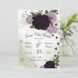 dark & light purple flowers green leaves botanical save the date