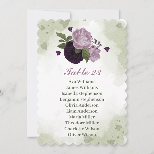 Dark light purple flowers green seating chart card (Front)