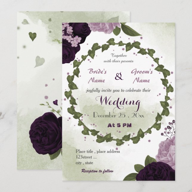 dark & light purple flowers greenery wedding invitation (Front/Back)