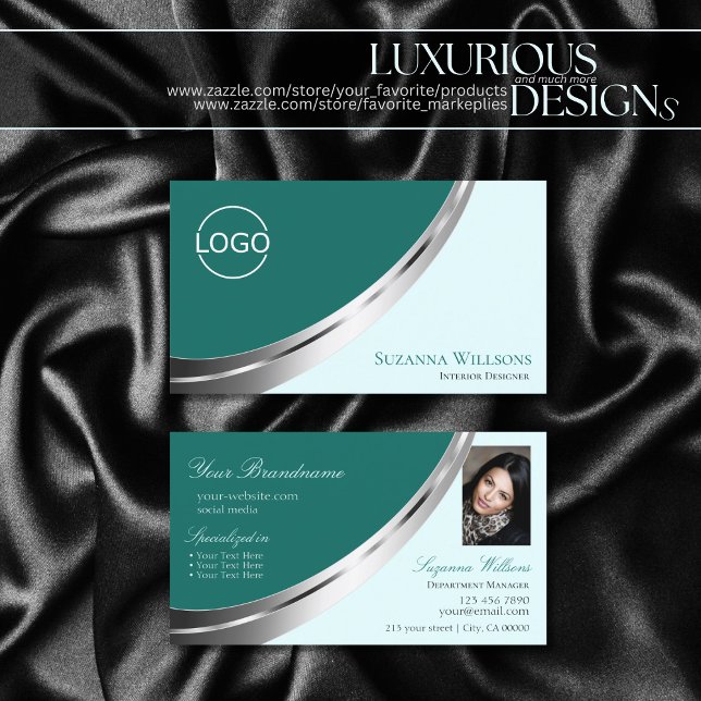 Dark Light Teal Silver Decor with Logo and Photo Business Card (Creator Uploaded)