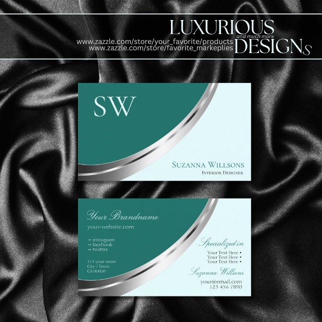 Dark Light Teal with Silver Decor and Monogram Business Card (Creator Uploaded)