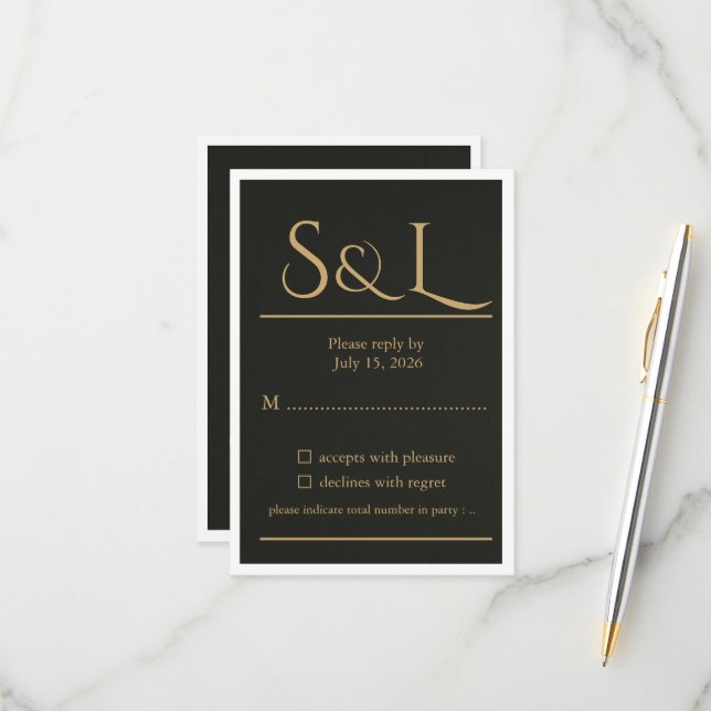 Dark Luxe Gold Monogram Wedding RSVP Card (Front/Back In Situ)