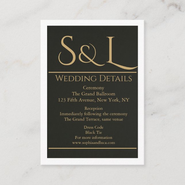 Dark Luxe Monogram Wedding Details Card (Front)