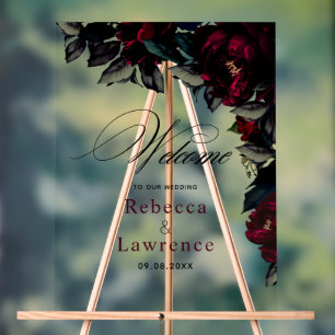 Dark magenta floral moody gothic wedding welcome acrylic sign