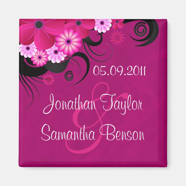 Dark Magenta Fuchsia Floral Save The Date Magnets (Front)