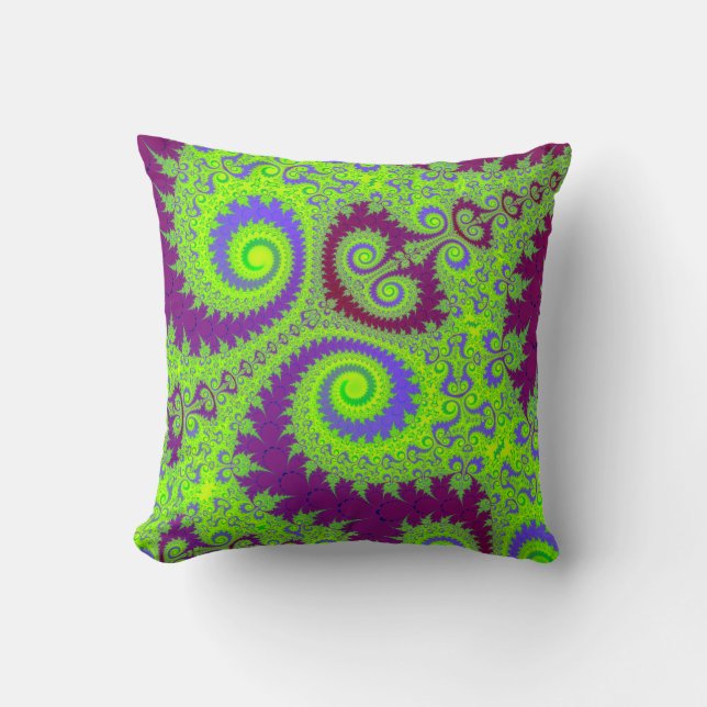 Dark Magenta Purple and Lime Green Fractal Spiral Cushion (Front)