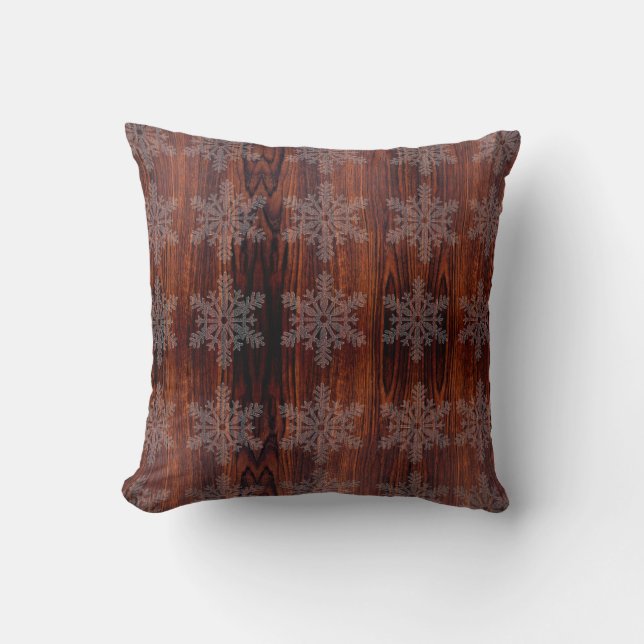 Dark Mahogany wood grain | brown wood | snowflakes Cushion (Front)