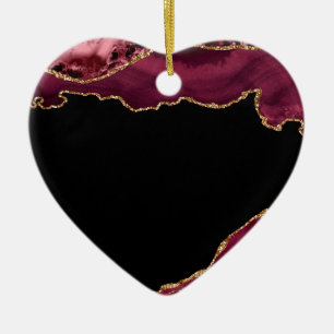 Dark Marble Agate Wine Red Golden Glitter Accents Ceramic Ornament