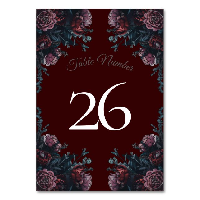 Dark Maroon Autumn Floral Wedding Table Number (Back)