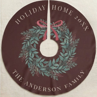 Dark Maroon Foliage Wreath Family Name Christmas Brushed Polyester Tree Skirt