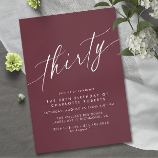 Dark Maroon Red | Modern Burgundy 30th Birthday Invitation
