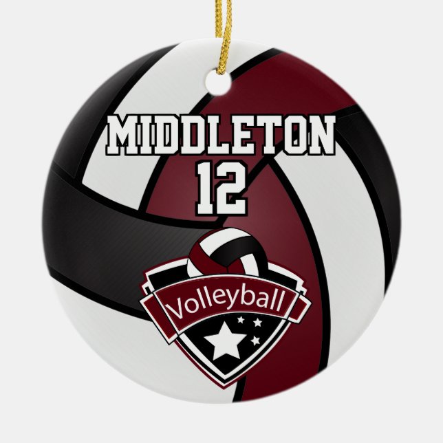 Dark Maroon, White and Black Volleyball Ceramic Ornament (Front)