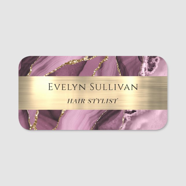 Dark Mauve Agate Gold Foil Name Tag (Front)