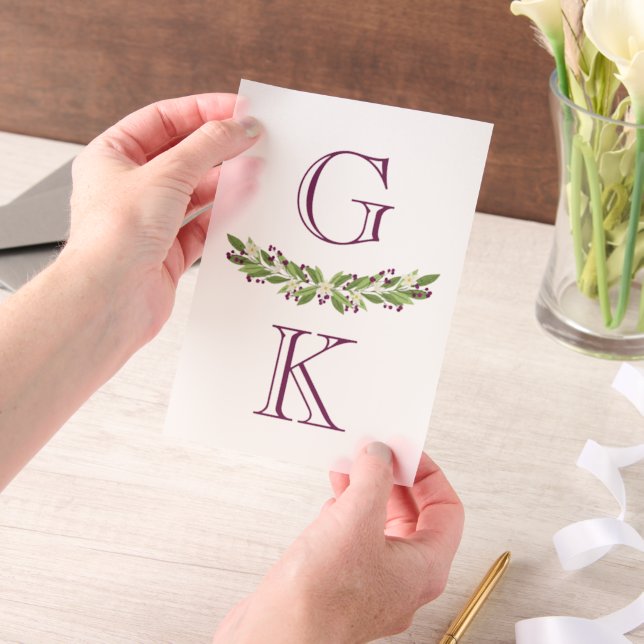 Dark Mauve Berry Sprigs Monogram Wedding Overlay Vellum Invitations (Handheld)