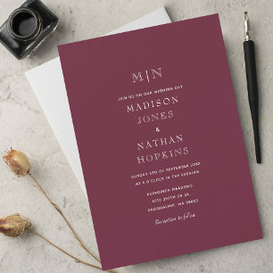 Dark Mauve Minimal Monogram Wedding  Invitation