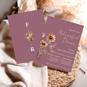 Dark Mauve Monogram Wildflower Rehearsal Dinner Invitation