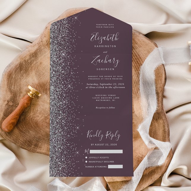 Dark Mauve Purple Silver Glitter Wedding All In One Invitation (Creator Uploaded)
