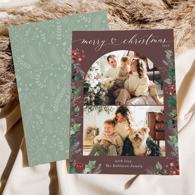 Dark Mauve Unique 2 Photo Arch Xmas  Holiday Card (Creator Uploaded)