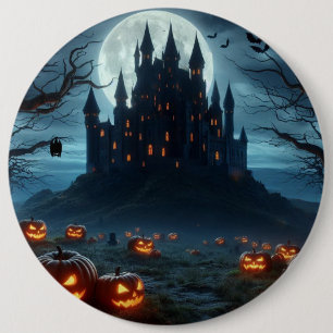 Dark, mediaeval castle, bats, & pumpkins 6 cm round badge