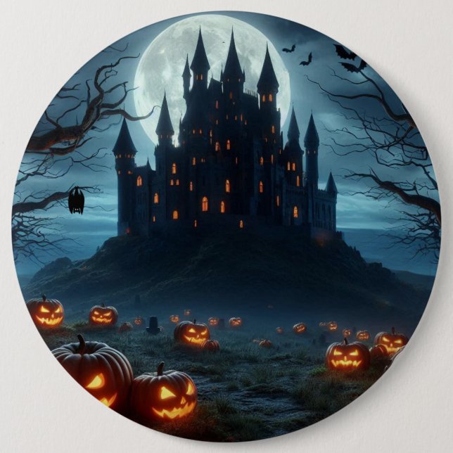 Dark, mediaeval castle, bats, & pumpkins 6 cm round badge (Front)