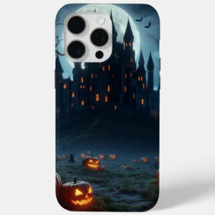 Dark, mediaeval castle, bats, & pumpkins iPhone 15 pro max case