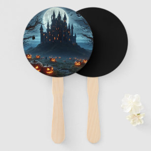 Dark, mediaeval castle, bats, & pumpkins hand fan