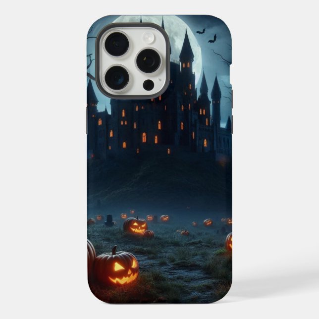 Dark, mediaeval castle, bats, & pumpkins iPhone case (Back)