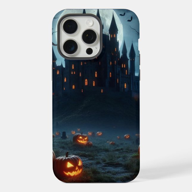 Dark, mediaeval castle, bats, & pumpkins iPhone case (Back)