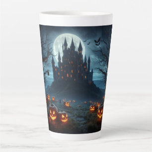 Dark, mediaeval castle, bats, & pumpkins latte mug