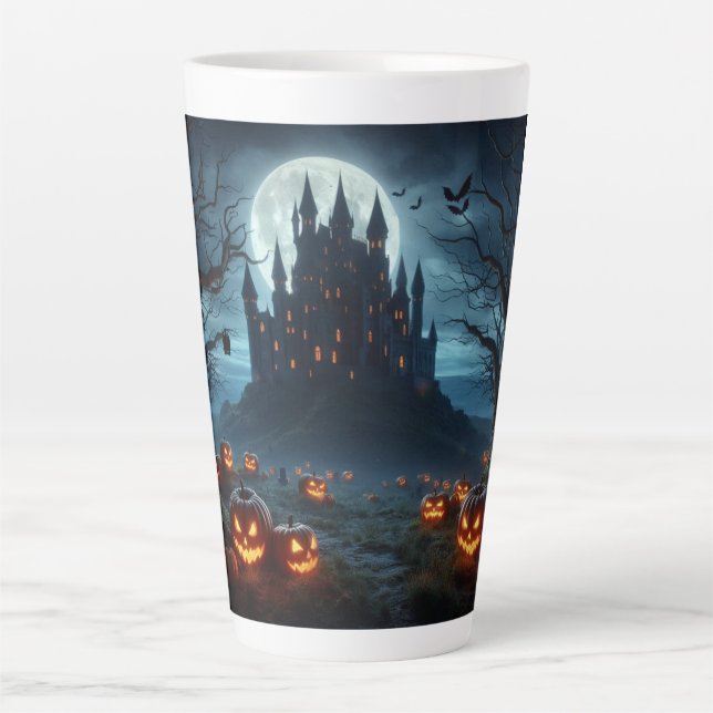 Dark, mediaeval castle, bats, & pumpkins latte mug (Front)