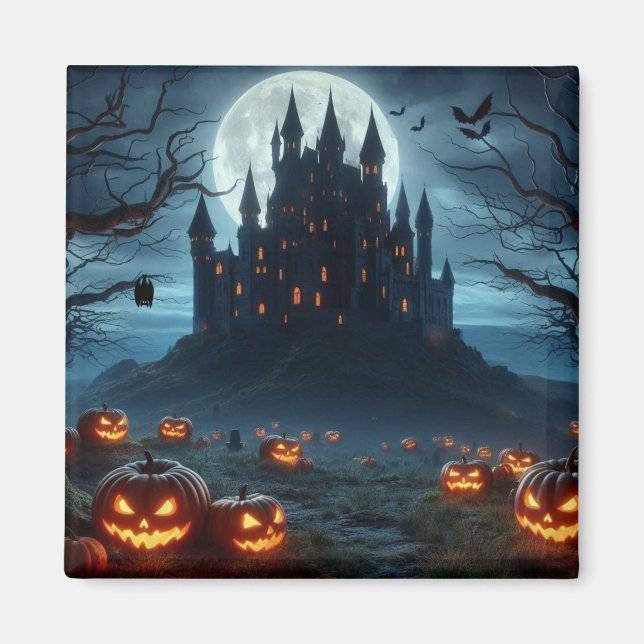Dark, mediaeval castle, bats, & pumpkins magnet (Front)